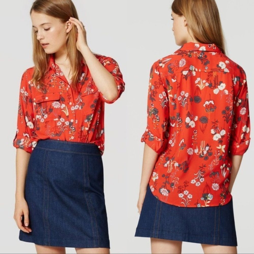 NWT LOFT Red Valley Floral Utility Blouse L